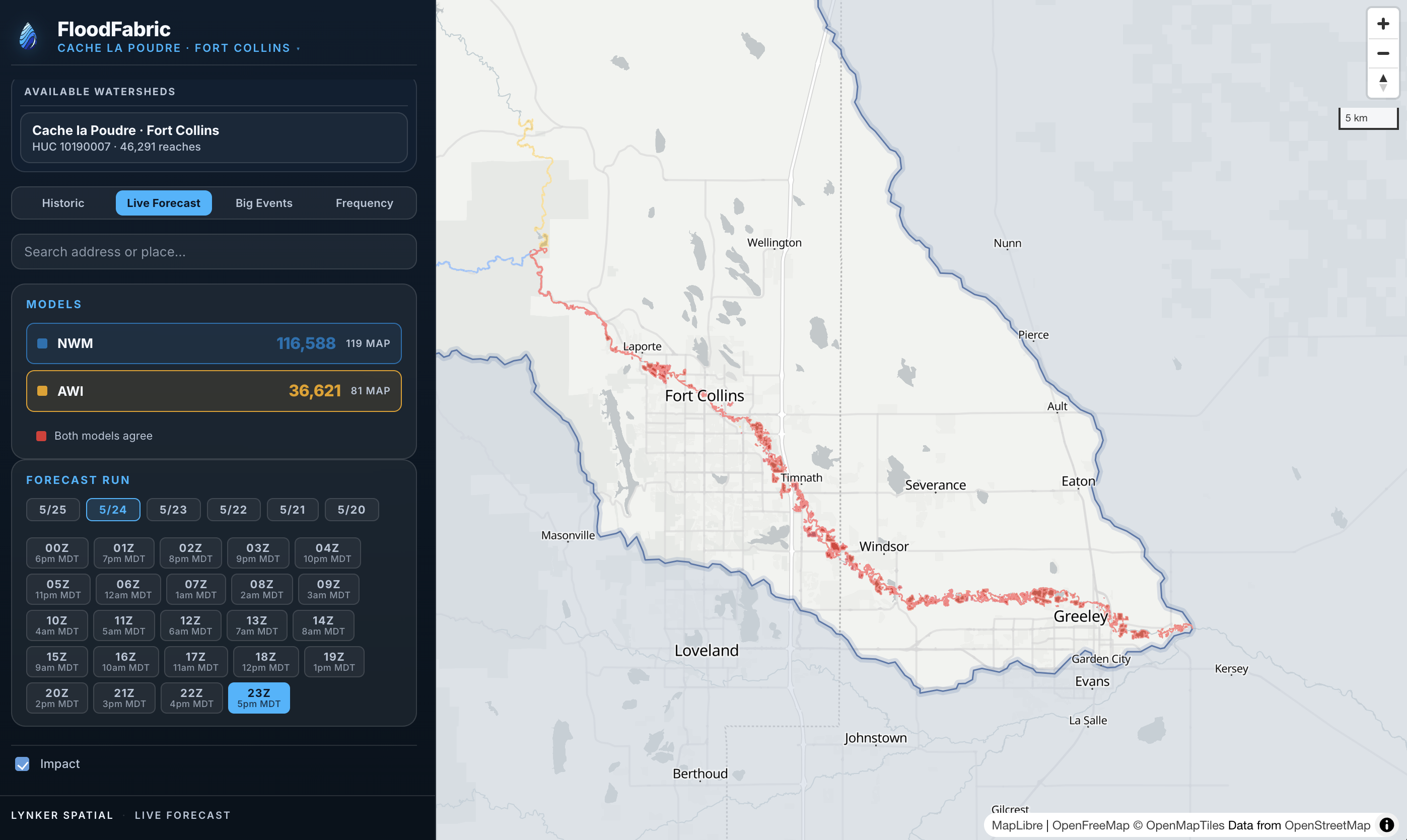 FloodFabric live forecast view, Fort Collins CO, HUC 10190007, NWM and AWI inundation extents