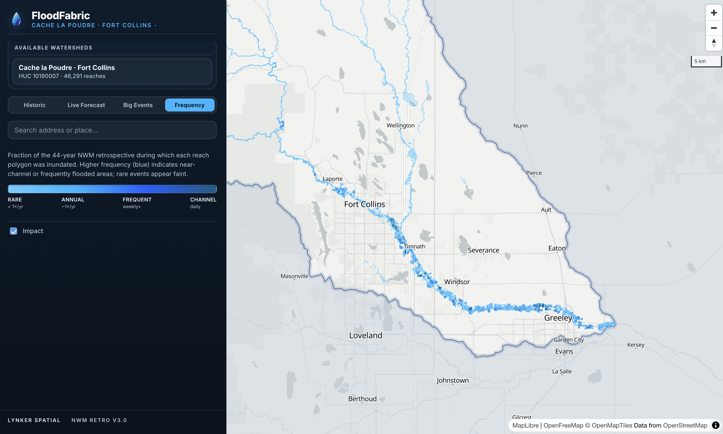 FloodFabric recurrence heatmap, days inundated over 44-year NWM reanalysis, Fort Collins CO